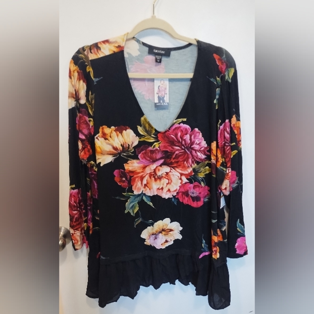 NWT Karen Kane Colorful Floral Pattern Bottom Hem Black (#C-8)